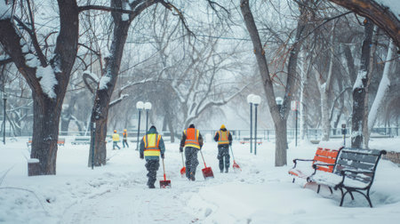 Group of Workers in Reflective Vests Shoveling Snow in a Winter Park. Concept of Winter Work, Public Service, Heavy Snowfall.の写真素材