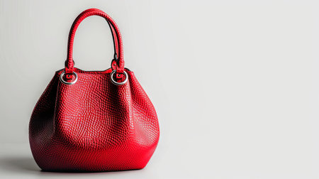 Stylish Red Handbag on White Background. Concept of Fashion Accessories, Elegant Design, Modern Trends. Copy space.の写真素材