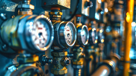 Close-Up of Pressure Gauges in an Industrial Setting. Concepts of Industrial Equipment, Precision Measurement, Engineering Tools.の写真素材