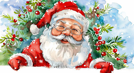 Smiling Santa Claus Celebrating Christmas Amidst Snow and Holly Berries Watercolor. Concept of Holiday Spirit, Festive Cheer, Traditional Christmas.の写真素材