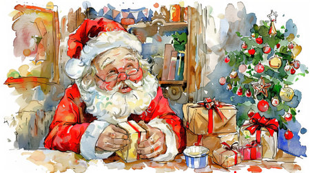 Watercolor Santa Claus Opening Gift Boxes by Christmas Tree - Joy of Holiday Season, Festive Cheer, Christmas Tradition. Watercolor art.の写真素材