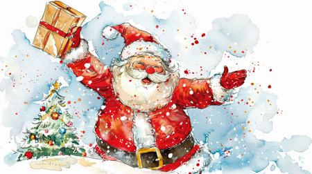 Joyful Santa Claus Holding Gift with Decorated Christmas Tree in the Background. Concept of Holiday Cheer, Festive Celebration, Winter Season. Watercolor art.の写真素材