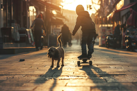 Young Boy Skateboarding with Dog in a Sunlit Urban Street at Sunset. Concept of outdoor adventures, urban childhood, and pet companionship.の写真素材