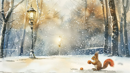 Watercolor painting of a squirrel in a snowy winter forest holding an acorn near a street lamp. Concept of winter wonderland, nature beauty, woodland creatures.の写真素材