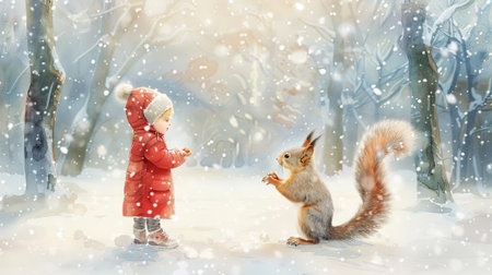 Watercolor Illustration of a Caucasian Child with Squirrel in a Snowy Forest. Concept of Winter Magic, Childhood Wonder, Wildlife Interaction.の写真素材