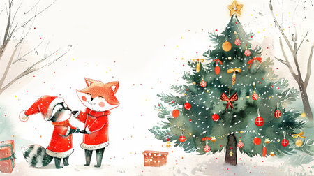 Watercolor illustration of a cheerful fox and raccoon dressed in Santa outfits, standing beside a decorated Christmas tree in a snowy landscape. Concept of holiday friendship, festive animals.の写真素材