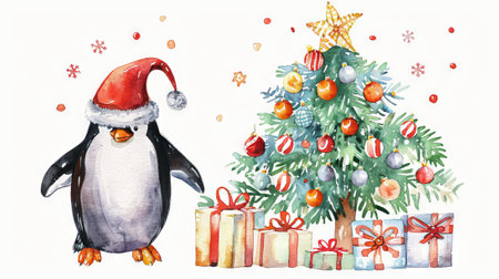 Charming Watercolor Illustration of a Penguin in Santa Hat and Christmas Tree with Gifts, Concept of Holiday Cheer, Festive Season, Christmas Celebration.の写真素材