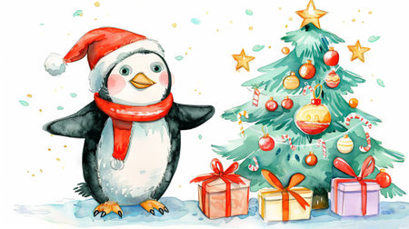 Charming Watercolor Illustration of a Penguin in Santa Hat and Christmas Tree with Gifts, Concept of Holiday Cheer, Festive Season, Christmas Celebration.の写真素材