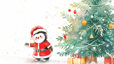 Watercolor Illustration of a Cheerful Penguin Wearing a Santa Suit Holding a Gift by a Christmas Tree. Concept of Holiday Spirit, Festive Cheer, Merry Celebrations.の写真素材