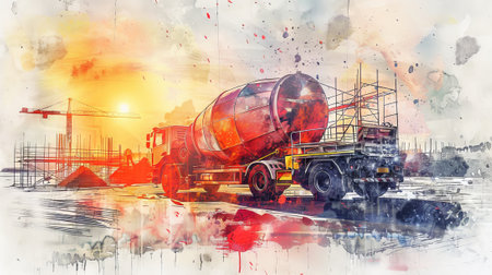 Watercolor Illustration of a Concrete Mixer Truck on a Construction Site. Concept of Urban Development, Heavy Machinery, Industrial Progress.の写真素材