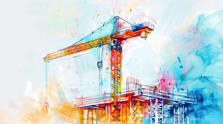 Watercolor illustration of a construction crane lifting materials featuring vibrant colors and dynamic brushstrokes. Concept of architectural development, urban construction, and artistic engineering.の写真素材