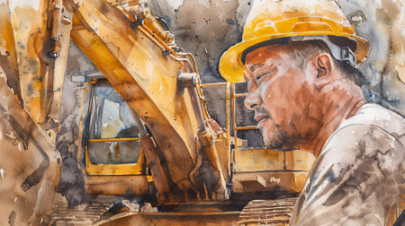Watercolor illustration of an Asian construction worker in an orange safety helmet at a construction site. Concept of industrial labor, urban development, and worker safety.の写真素材