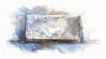 Watercolor illustration of an ornate white clutch bag with intricate lace details on a light background. Concept of fashion accessories, elegance, feminine style, artistic expression.の写真素材