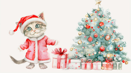 Watercolor illustration of a curious kitten dressed in a Santa outfit beside a decorated Christmas tree and gifts. Concept of holiday spirit, festive season, Christmas decorations.の写真素材