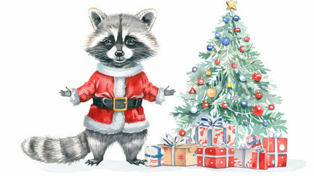 Watercolor Illustration of a Cute Raccoon in a Santa Outfit Next to a Christmas Tree with Presents. Concept of Holiday Cheer, Festive Wildlife, Christmas Celebrations.の写真素材