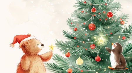 Watercolor Illustration of a Cute Bear and a Cheerful Penguin Next to a Decorated Christmas Tree with Wrapped Gifts. Concept of Holiday Spirit, Festive Decorations, Christmas Celebrations.の写真素材