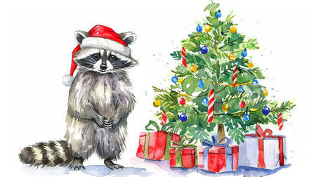 Watercolor Illustration of a Cute Raccoon in a Santa Outfit Next to a Christmas Tree with Presents. Concept of Holiday Cheer, Festive Wildlife, Christmas Celebrations.の写真素材