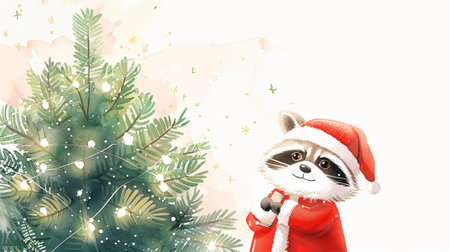 Watercolor Illustration of a Cute Raccoon in a Santa Outfit Decorating a Christmas Tree. Concept of Holiday Spirit, Christmas Celebration, Festive Animal Art. Greeting card. Copy space.の写真素材
