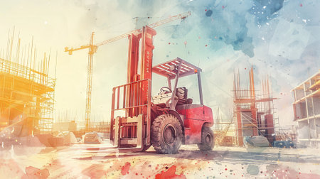 Colorful Watercolor Illustration of a Forklift Lifting Materials in a Construction Site. Concept of Industrial Work, Heavy Equipment, Construction.の写真素材
