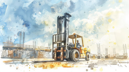 Colorful Watercolor Illustration of a Forklift Lifting Materials in a Construction Site. Concept of Industrial Work, Heavy Equipment, Construction.の写真素材