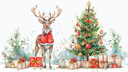 Watercolor illustration of a friendly reindeer in a festive setting with a Christmas tree and presents. Concept of holiday cheer, Christmas decorations, winter celebration.の写真素材