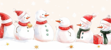 Joyful Snowmen with Red and Green Scarves Celebrating Winter Holiday Season in a Snowy Landscape. Concept of Festive Cheer, Family Fun, and Christmas Spirit.の写真素材