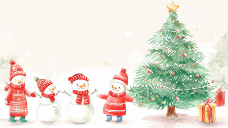Watercolor Illustration of Snowmen Wearing Red Winter Clothes by a Decorated Christmas Tree. Concept of Holiday Cheer, Festive Season, Family Celebration.の写真素材