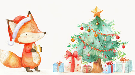 Watercolor Illustration of a Happy Fox Dressed in a Santa Hat and Scarf with a Christmas Tree and Presents. Concept of Holiday Spirit, Festive Celebration, Christmas Cheer. Greeting card. Copy space.の写真素材