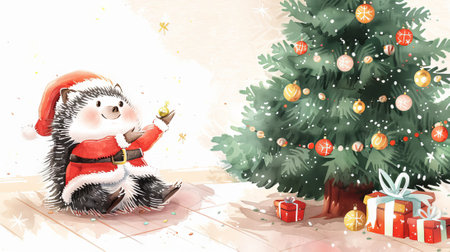 Watercolor Illustration of a Happy Hedgehog Dressed as Santa Waving with Christmas Tree. Concept of holiday cheer, festive decoration, cute animals. Greeting card. Copy space.の写真素材