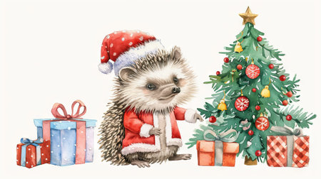 Watercolor Illustration of a Festive Hedgehog in Santa Hat with Gifts and Decorated Christmas Tree. Concept of Holiday Cheer, Winter Festivities, Cute Animals. Greeting card. Copy space.の写真素材