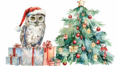 Watercolor illustration of a joyful owl wearing a Santa hat next to a decorated Christmas tree with presents. Concept of holiday spirit, festive celebration, and winter joy.の写真素材