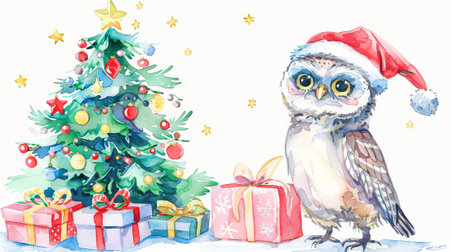 Watercolor illustration of a joyful owl wearing a Santa hat next to a decorated Christmas tree with presents. Concept of holiday spirit, festive celebration, and winter joy.の写真素材