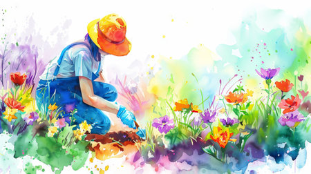 Watercolor Illustration of a Woman Planting Flowers in a Colorful Garden Scene. Concept of Gardening, Springtime, Floral Art.の写真素材