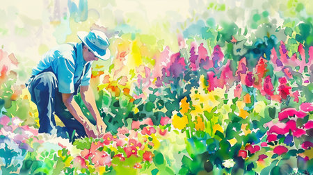 Watercolor Illustration of a Man Planting Flowers in a Colorful Garden Scene. Concept of Gardening, Springtime, Floral Art.の写真素材
