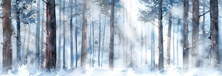 Watercolor Illustration of a Winter Forest in the Snow with Sunlight. Concept of peaceful winter landscapes, serenity, natural beauty.. Wide banner.の写真素材