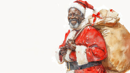 Joyful African American Santa Claus Holding a Bag of Presents in Watercolor Illustration. Concept of Holiday Spirit, Christmas Cheer, Festive Giving. Copy space.の写真素材