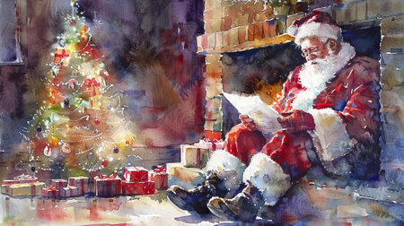 Watercolor Illustration of Santa Claus Sitting by Fireplace with Gifts and Christmas Tree and Reading a Wish List. Concept of Holiday Spirit, Festive Season, Cozy Home Celebrations.の写真素材
