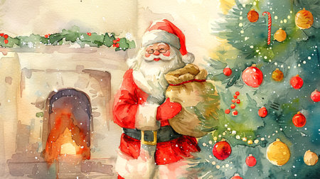 Watercolor Illustration of Santa Claus Standing by a Fireplace and Decorated Christmas Tree. Concept of Holiday Cheer, Festive Decor, Traditional Christmas Scene.の写真素材
