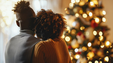 African American Couple Embracing By Christmas Tree Lights. Concept of Holiday Spirit, Festive Season, Togetherness.の写真素材