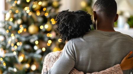 African American Couple Embracing By Christmas Tree Lights. Concept of Holiday Spirit, Festive Season, Togetherness.の写真素材