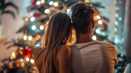 Young Couple Enjoying a Romantic Moment by a Christmas Tree. Concept of Holiday Spirit, Romantic Evening, Winter Celebration.の写真素材