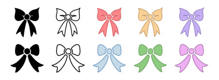 Set of bows with black and white silhouettes, outlines, and colored variations. Concept of decorative ribbons, gift bows, festive elements, holiday decorations. Design elements for cards and wrapping.のイラスト素材