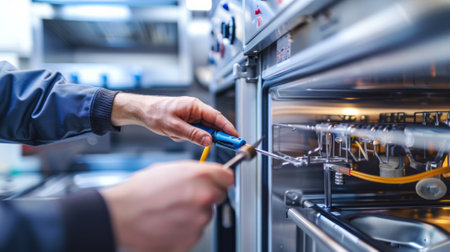 Technician using tools to fix appliance in the kitchen. Concept of repairman, home maintenance, fixing electronics, professional service.の写真素材