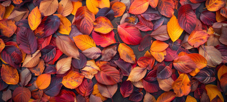 Top view of scattered autumn leaves in various shades of red and orange. Concept of fall season,...