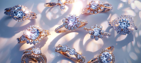 Top view of various elegant gold rings with intricate designs on a white background. Concept of fine jewelry, luxury accessories, diamond details. Perfect for fashion, wedding, style inspiration.の写真素材