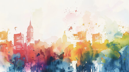 Colorful watercolor cityscape illustration with high-rise buildings and abstract background. Concept of urban skyline, modern art, vibrant city, architecture illustration.の写真素材