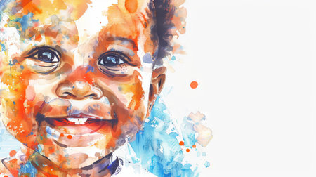 Watercolor Painting of a Smiling African American Baby Face. Concept of joyful childhood, expressive portrait, vivid colors, artistic illustration. White background. Copy space.の写真素材