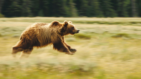 Brown Bear Running Across a Meadow with a Forest Background. Concept of Wildlife, Grizzly Bear in Natural Habitat, Nature Scene, Animal Behavior, Fast motion, speed.の写真素材