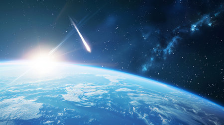 Bright comet close up in outer space with chaotic elements. Concept of astronomical phenomena, shooting star, cosmic event. Stunning celestial body.の写真素材