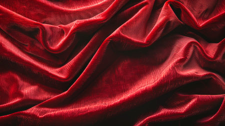 Close up of a deep red velvet fabric background. Concept of luxurious textile, soft textures, rich color, and elegant material. Design element for interiors, fashion, and decor.の写真素材